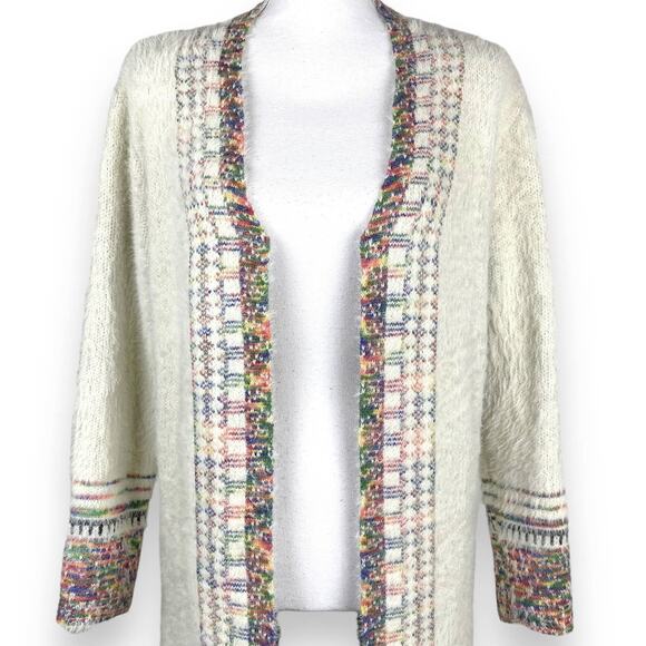 Janice Fuzzy Longline Cardigan Cream Southwestern Trim Fray Fringe Medium - Picture 2 of 14